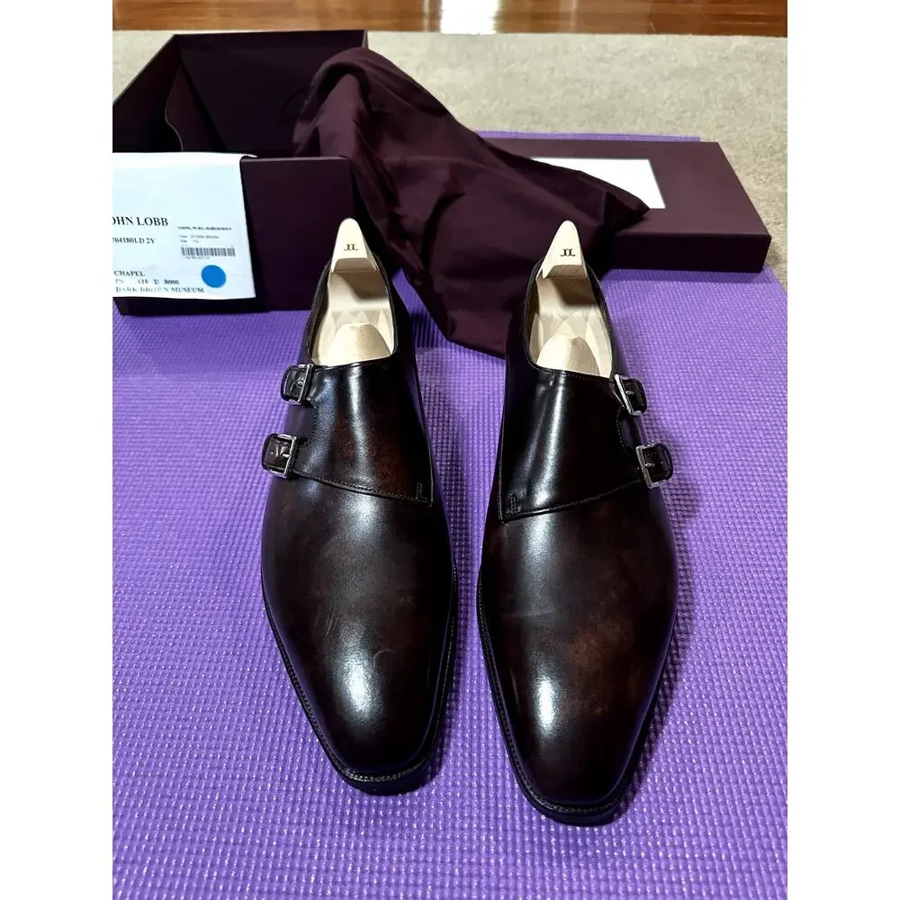 New John Lobb Chapel Double Monk Strap Shoes Dark Brown Museum Calf UK 11 US 12